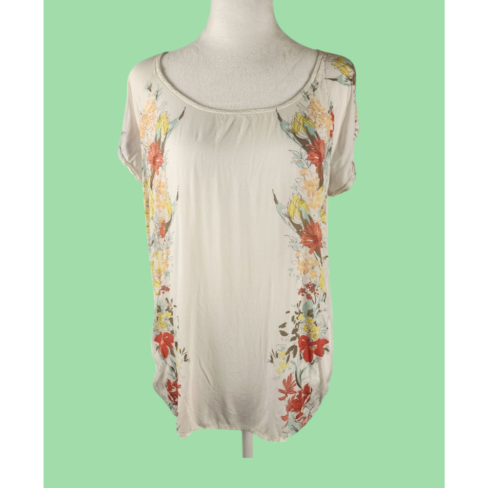 Old Navy Cream with  Hawailln Flowers Short Sleeve Blouse Women's Size Large